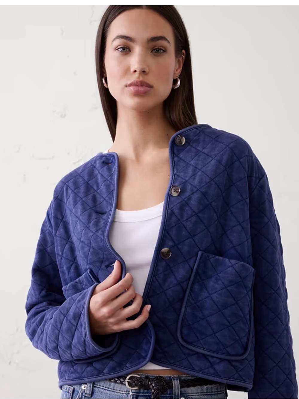 Banana Republic Quilted Navy Button-Front Bomber Jacket